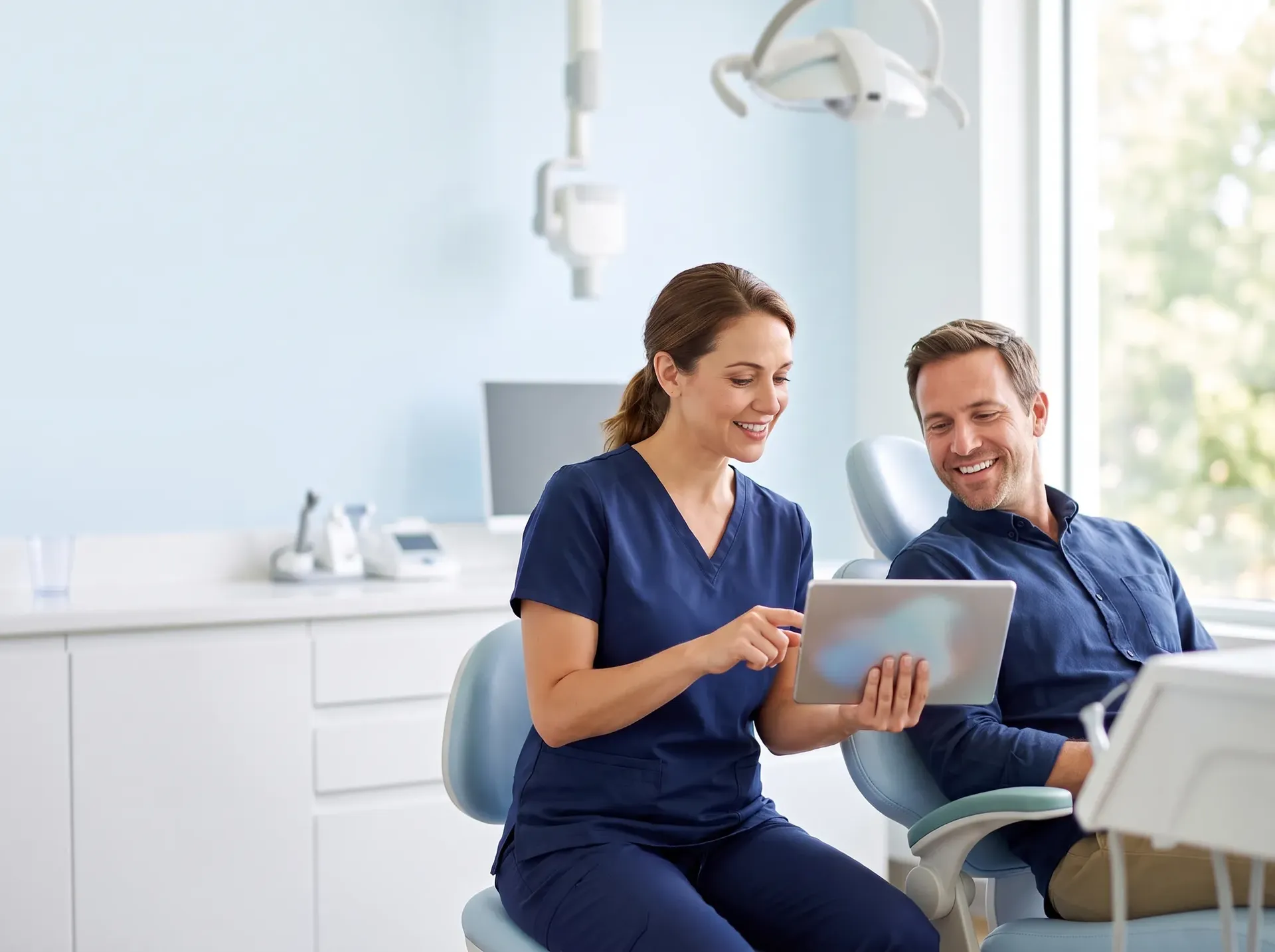Dentist explaining a treatment plan on a tablet to a smiling patient in a dental chair
