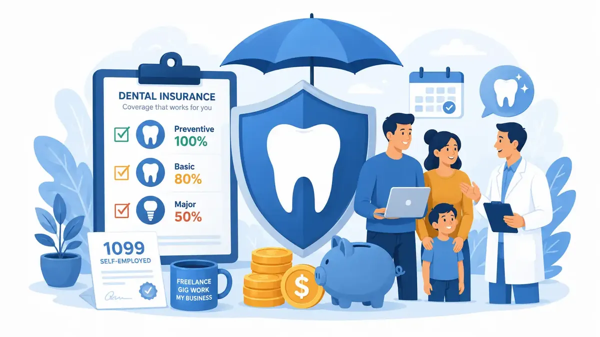 Illustration of dental insurance for freelancers and 1099 contractors, showing coverage tiers, a tooth shield, tax savings, and a dentist consultation.