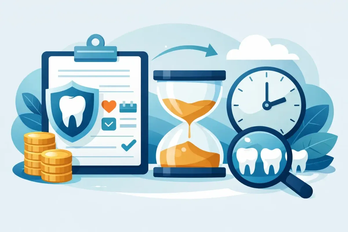 Illustration of a dental insurance waiting period with calendar, coverage checklist, tooth protection, and dental plan icons