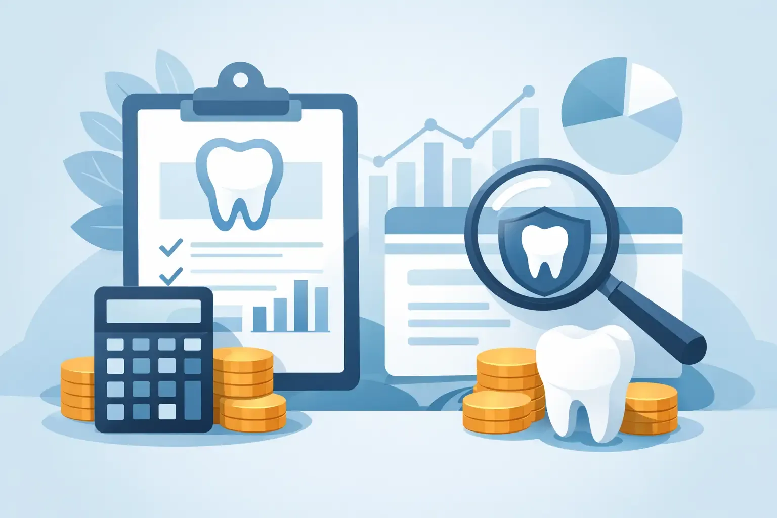 Illustration of calculating dental plan costs with calculator, coins, coverage checklist, dental chart, and magnifying glass