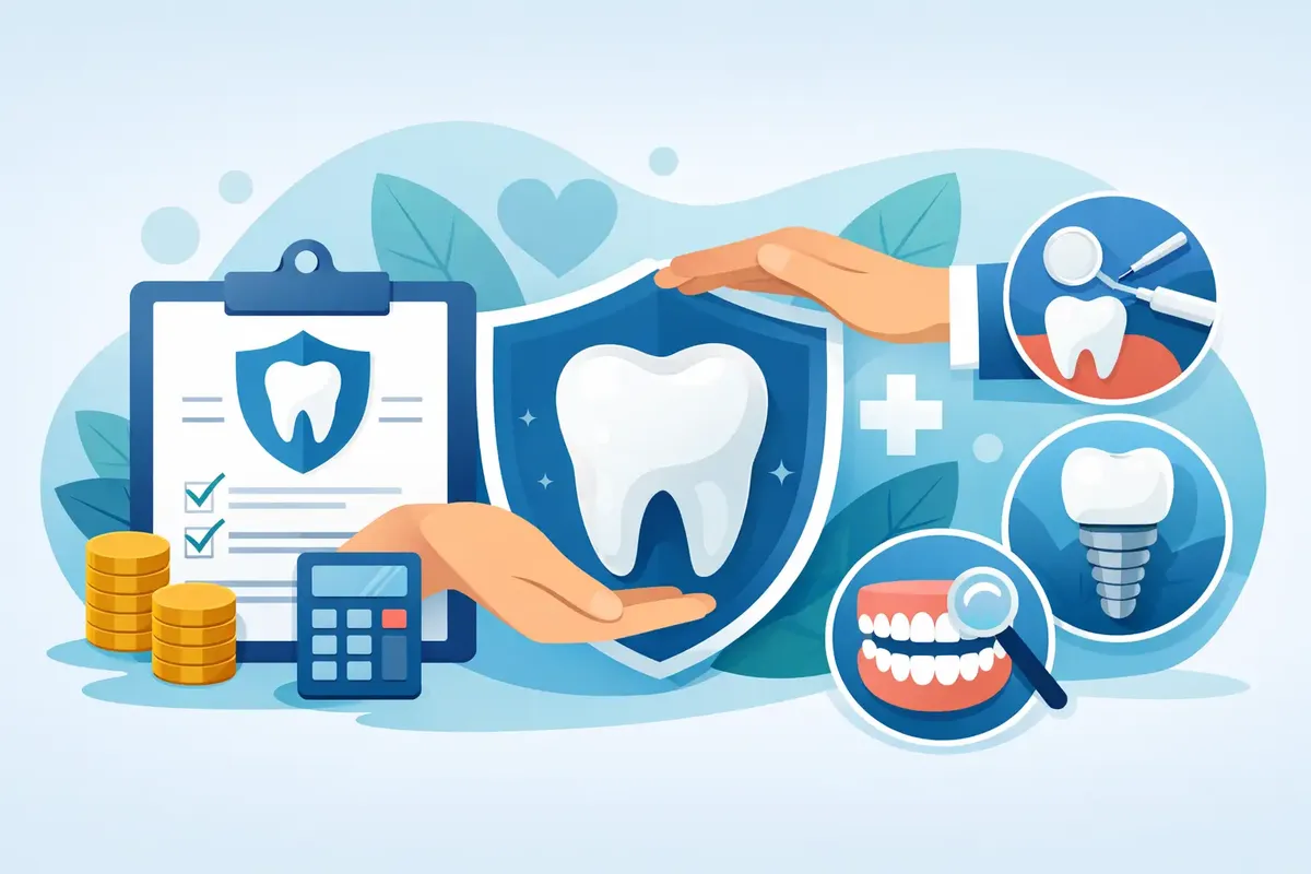 Illustration of dental insurance coverage with tooth shield, dental plan, cost calculator, implant, and preventive care icons