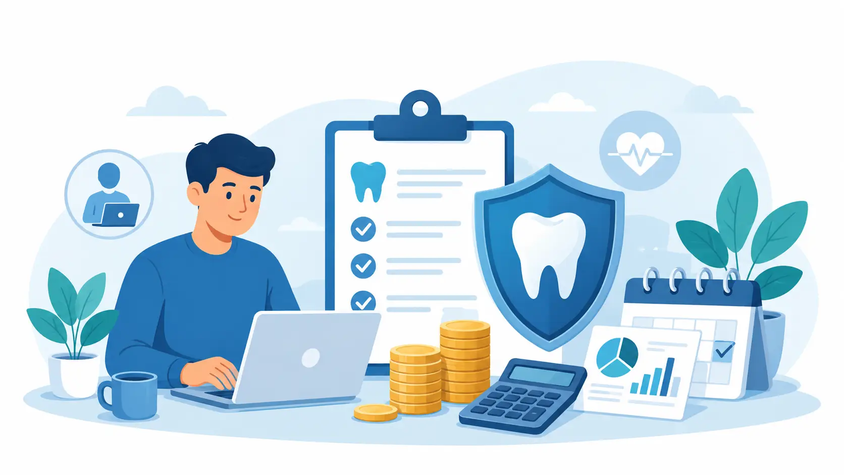 Illustration of self-employed dental insurance cost with freelancer, laptop, calculator, coins, dental plan checklist, calendar, and tooth protection shield