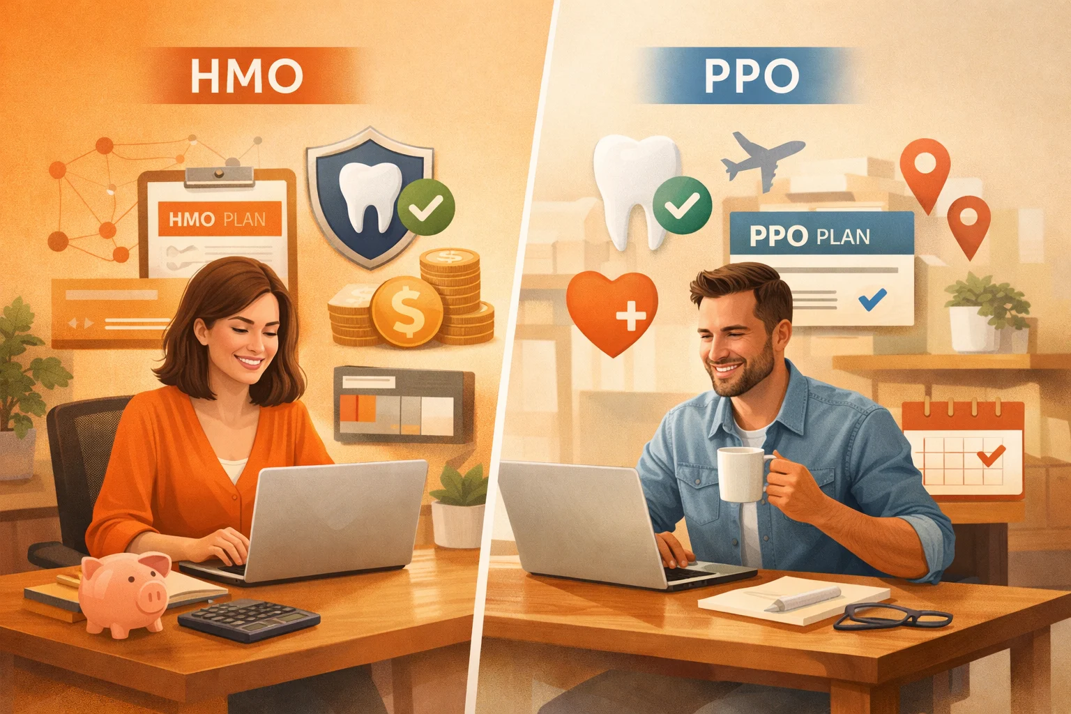 Dental HMO vs PPO: Best Dental Insurance Choice for Self-Employed Professionals Visual comparison of Dental HMO vs PPO plans for self-employed professionals working from home, highlighting cost, coverage, and flexibility