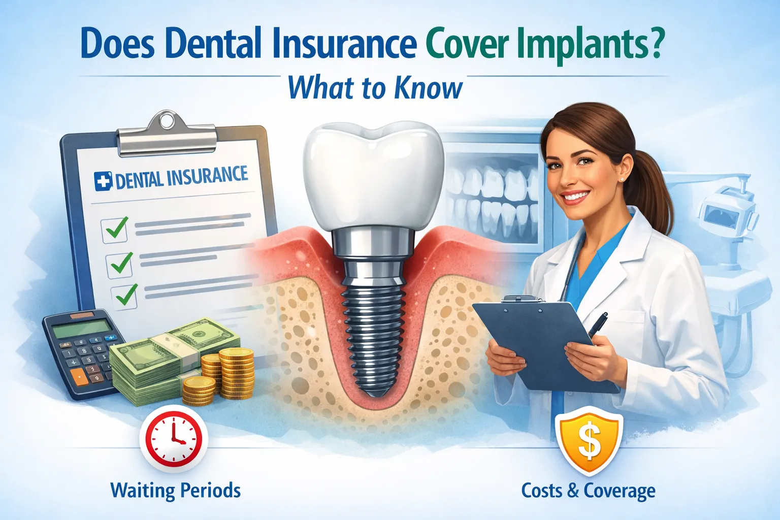 Does Dental Insurance Cover Implants? Coverage, Costs, and Waiting Periods Illustration explaining whether dental insurance covers implants, showing implant placement, insurance coverage, costs, and waiting periods