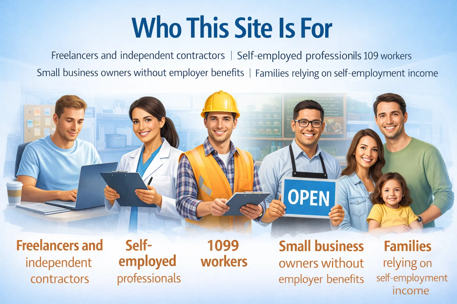 Illustration showing freelancers, self-employed professionals, 1099 workers, small business owners, and families who rely on self-employment income