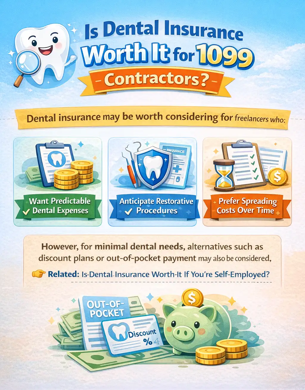 Is Dental Insurance Worth It for 1099 Contractors? Infographic explaining whether dental insurance is worth it for 1099 contractors, highlighting predictable expenses, restorative procedures, spreading costs over time, and alternatives like discount plans or out-of-pocket payment.