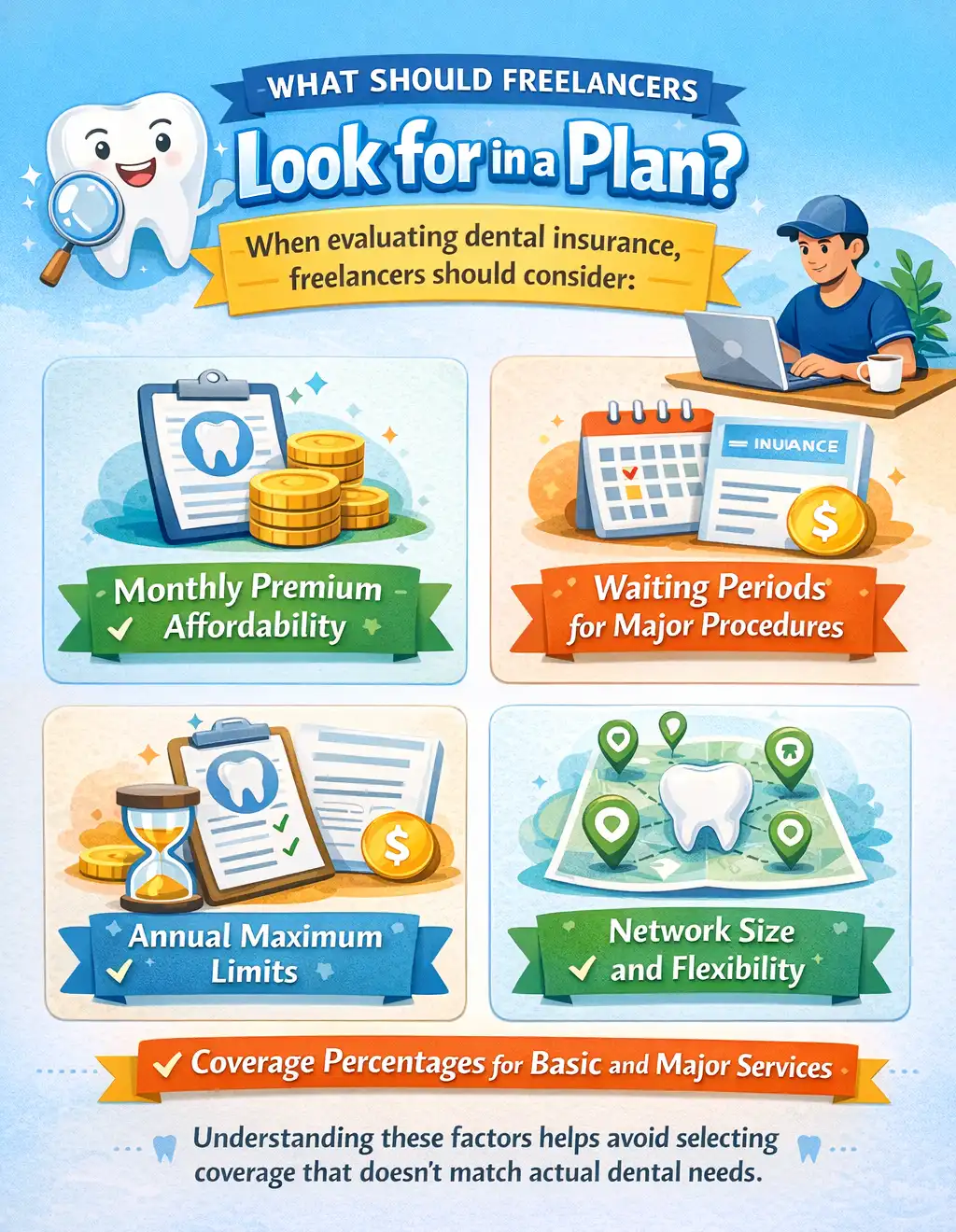 What Should Freelancers Look for in a Dental Insurance Plan? Infographic showing what freelancers should look for in a dental insurance plan including monthly premiums, waiting periods, annual maximum limits, network size, and coverage percentages.