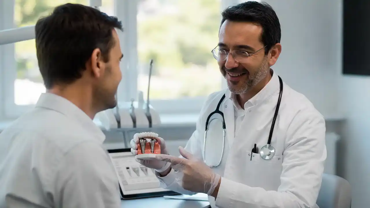 Dentist explaining dental implant treatment and insurance coverage