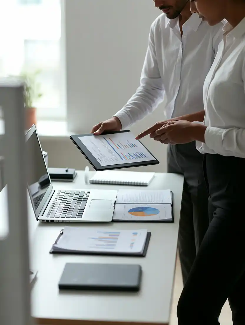 Two professionals reviewing dental insurance costs and monthly premium estimates