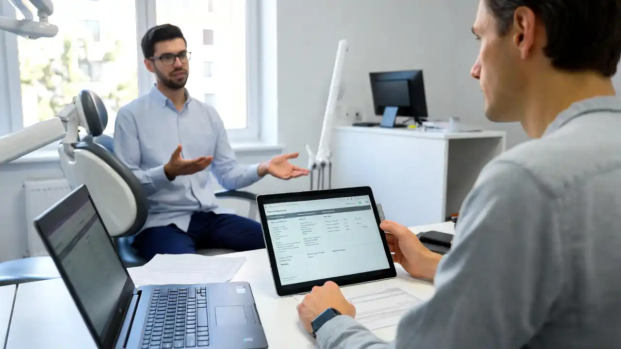 Freelancer reviewing dental insurance options and discussing coverage with dentist