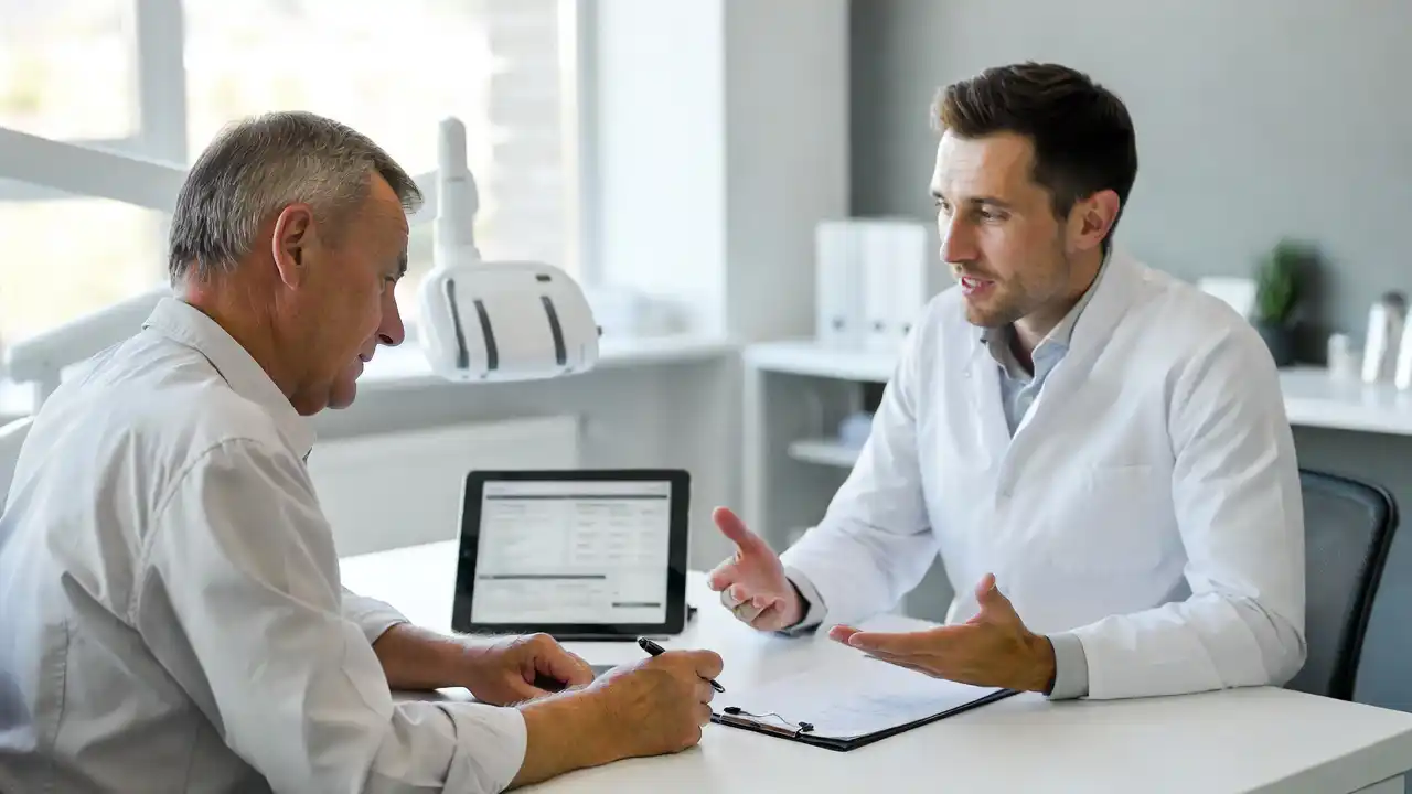 Senior patient discussing dental insurance options with dentist