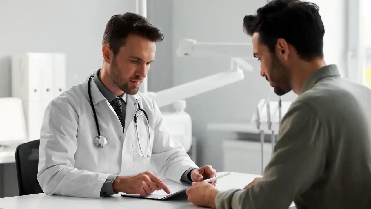 Dentist explaining dental insurance plan with no waiting period