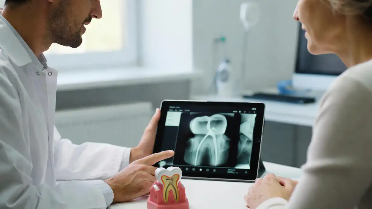 Dentist explaining root canal treatment and dental insurance coverage