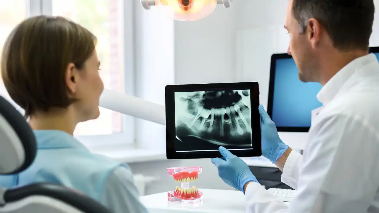 Dentist explaining dental filling treatment and insurance coverage