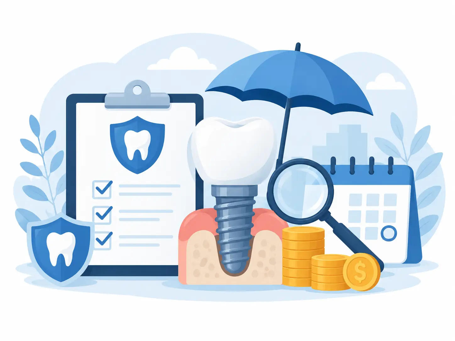 Illustration of dental insurance coverage for implants with implant, umbrella, checklist, magnifying glass, calendar, and cost icons