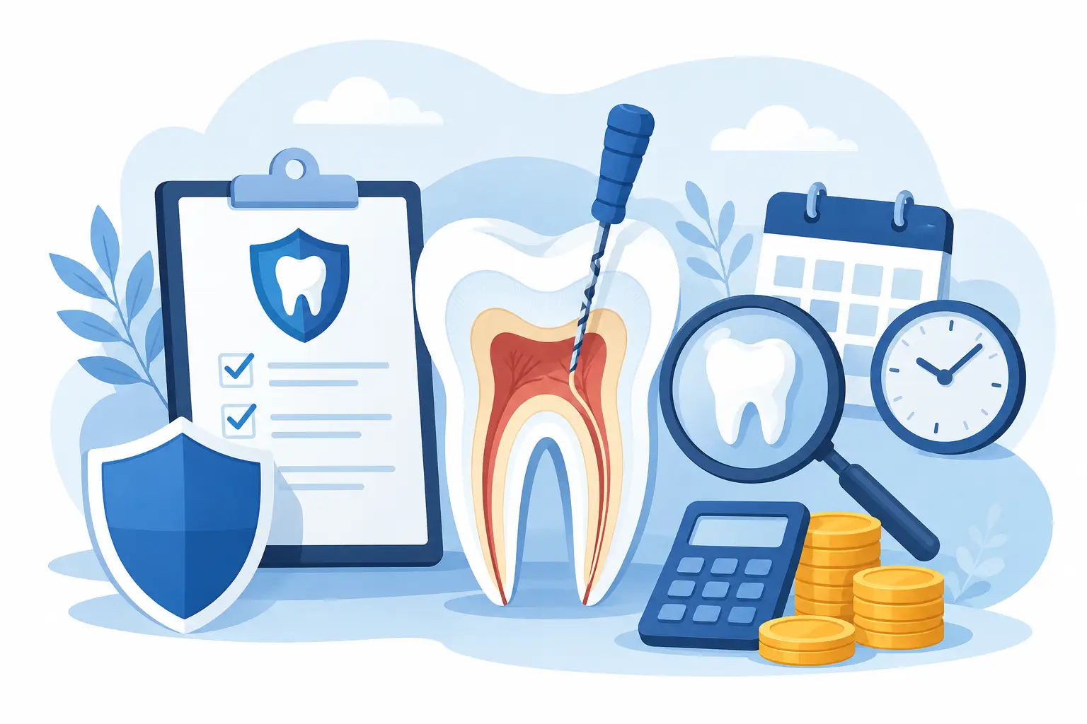 Illustration of root canal dental insurance coverage with tooth treatment, coverage checklist, calculator, shield, and cost icons