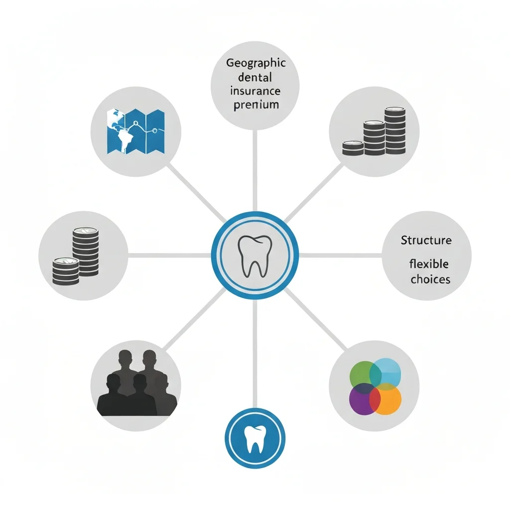 A clean, modern infographic style illustration. In the center, a stylized icon representing a 'dental insurance premium' (perhaps a coin with a tooth symbol). Radiating outwards from this center are several distinct sections or bubbles, each containing a symbolic representation of a factor influencing the premium. One bubble shows a stylized map icon for 'geographic location,' another depicts a diverse group of silhouetted people of various ages for 'age of enrollees,' a third has a stack of coins growing taller to symbolize 'coverage levels,' and a fourth features abstract overlapping shapes to denote different 'plan types' (e.g., structured vs. flexible choices). The overall image should convey complexity broken down into understandable components.