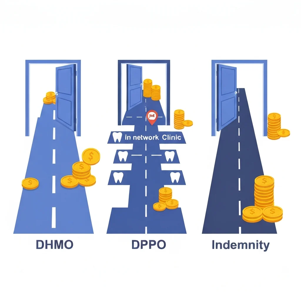 A vibrant, flat illustration depicting three distinct pathways or doors, visually representing different dental insurance plan types. The first pathway, for DHMO, should appear somewhat narrow or lead to a single, clearly marked dental clinic, with a small pile of stylized coins nearby, symbolizing lower cost and limited choice. The second pathway, for DPPO, should offer multiple branching paths, some clearly marked as 'in-network' and others leading to different clinics, with a medium pile of stylized coins. The third pathway, for Indemnity, should be a wide-open road with no specific clinic markers, suggesting maximum freedom, alongside a larger pile of stylized coins, indicating higher cost. The overall scene should clearly contrast flexibility with premium cost.