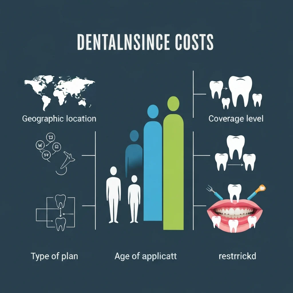 An infographic-style vector illustration visually breaking down the key factors that influence dental insurance costs. The illustration features four distinct, clearly separated visual components, each representing a cost driver: a simplified world map icon for 'geographic location', a progression of abstract human figures (representing different ages) for 'age of applicant', a set of three stylized icons depicting varying network sizes for 'type of plan' (e.g., wide, medium, restricted), and a visual spectrum of dental services (from a single tooth to multiple complex procedures) for 'coverage level'. These elements subtly lead to a central, abstract visual representation of varying costs, without using any currency symbols. The design is clean, professional, and uses a harmonious, informative color scheme.