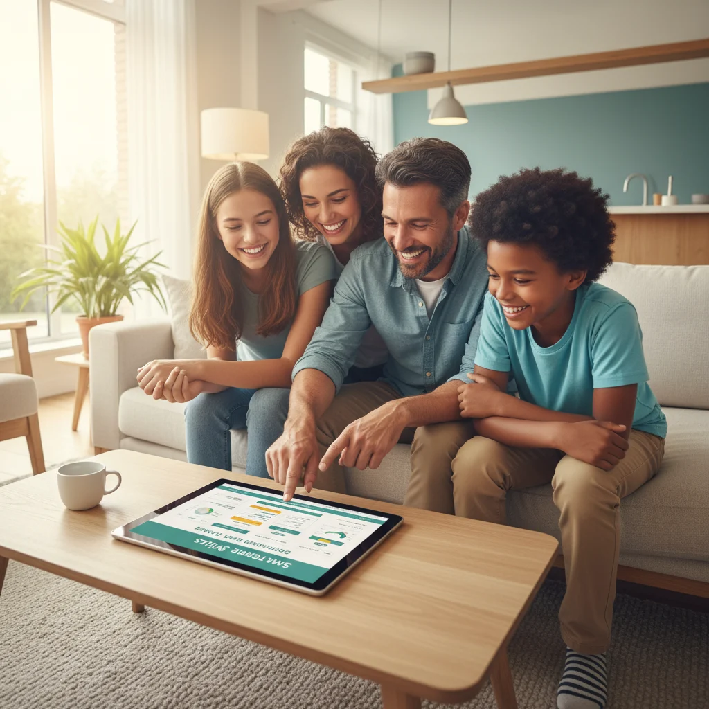 A vibrant, professional photo of a diverse family (parents and two children of varying ages) smiling brightly, showcasing healthy teeth. They are gathered around a tablet or laptop, looking engaged as if researching dental insurance options. The background is a clean, modern home living room. Emphasize warmth and health, professional photography style.