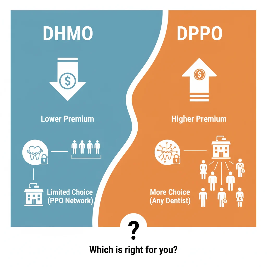 An infographic-style illustration depicting a clear, concise comparison between DHMO and DPPO dental plans. Use distinct visual elements like two opposing columns or Venn diagrams to highlight key differences: 'Lower Premium / Limited Choice' for DHMO (perhaps with a small, chained dentist icon) versus 'Higher Premium / More Choice' for DPPO (with a broader network icon). Include small, easily understandable icons representing cost and flexibility. Flat illustration style with clear labels.