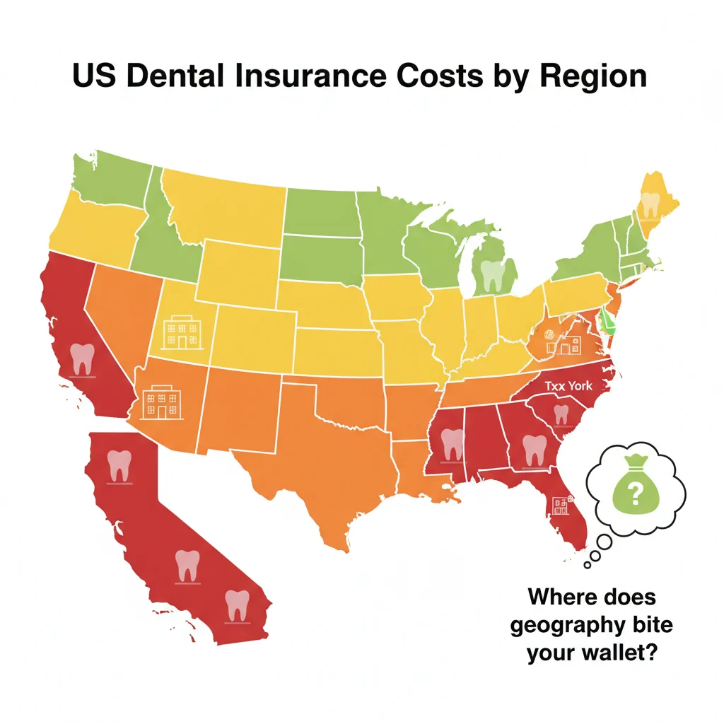 A stylized world map or a national map of the US, with different regions shaded in varying intensity of color (e.g., green to red) to visually represent areas with lower to higher dental insurance costs. Overlay small, subtle icons of Tooth or dental clinics on key areas. Beside the map, show a thought bubble or a small graphic of a money bag with a question mark, indicating geographical impact on cost. Minimalist, clean infographic style.