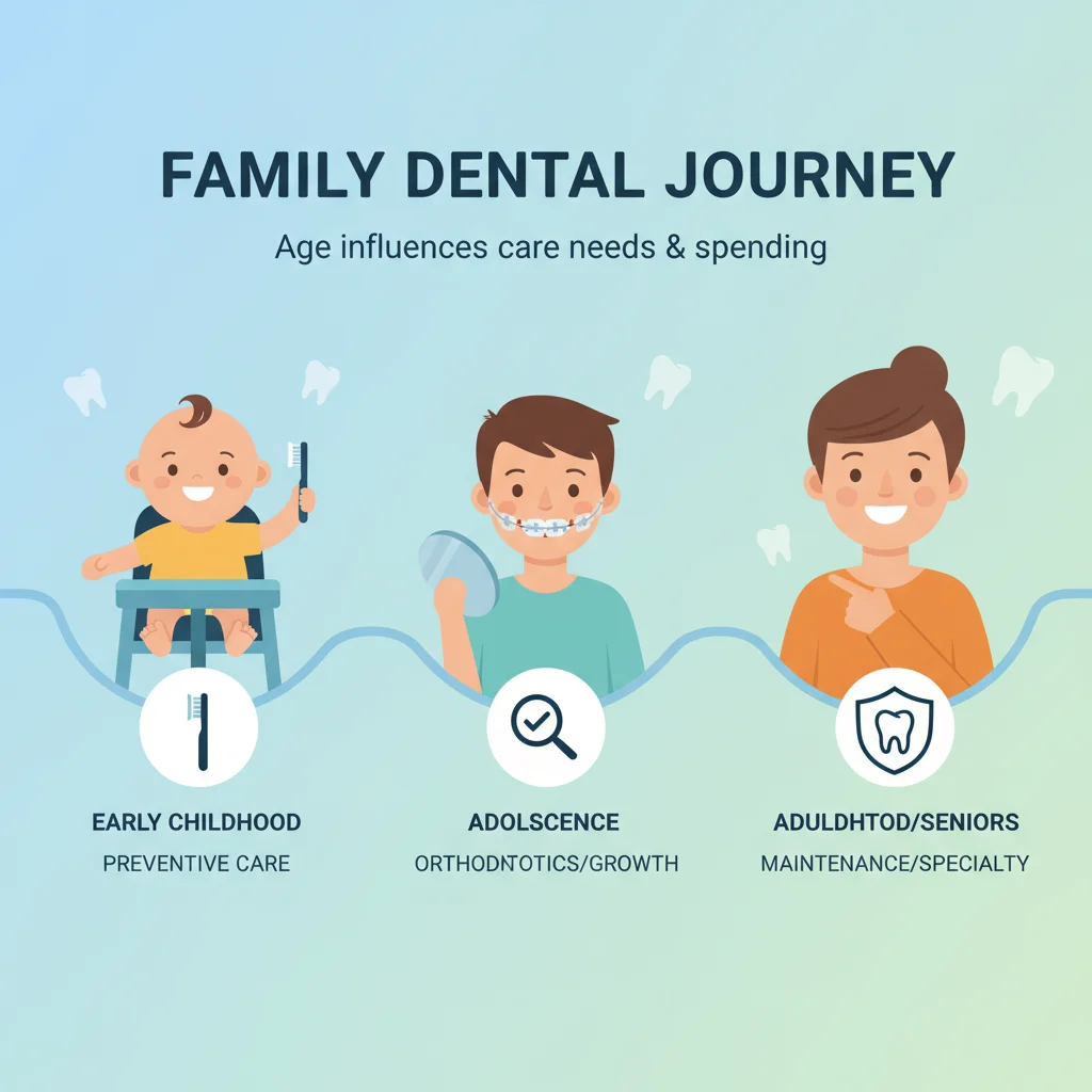 A visual timeline or progression illustrating family dental needs across different age groups. On one side, show a young child (maybe a baby or toddler) with a small toothbrush icon. In the middle, depict an adolescent or teenager with braces or a check-up icon. On the other side, show an adult or older parent with a more general dental care icon. Use soft, inviting colors. This aims to convey that age influences the need for care, impacting overall spending. Flat illustration with clear age indicators