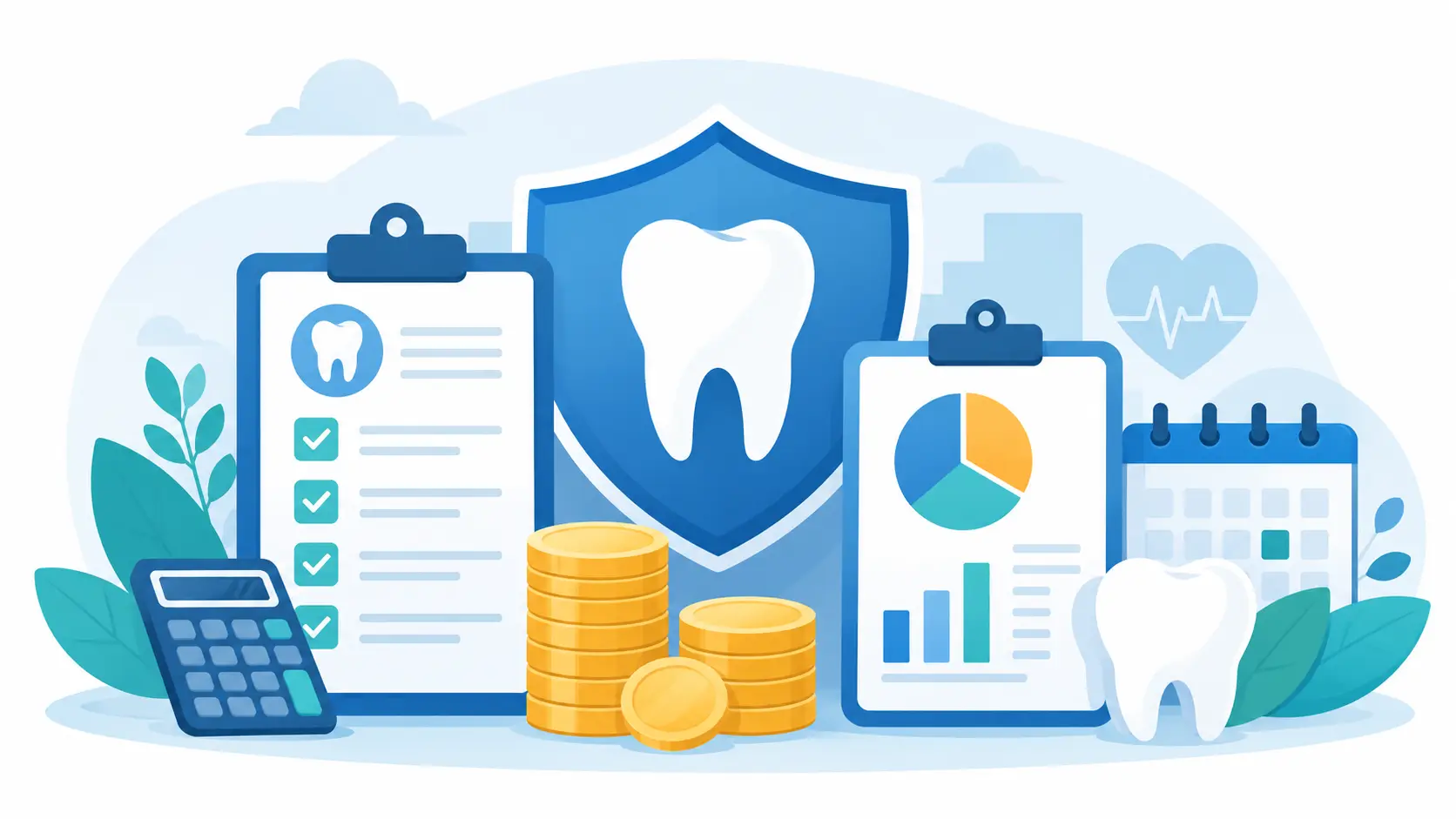 Illustration of average dental insurance cost in 2026 with calculator, coins, dental plan checklist, chart, calendar, and tooth protection shield
