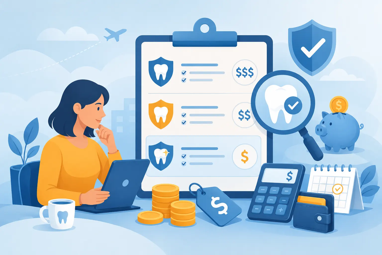 Illustration of a person comparing cheap dental insurance options with cost icons, dental coverage checklist, coins, calculator, and savings symbols