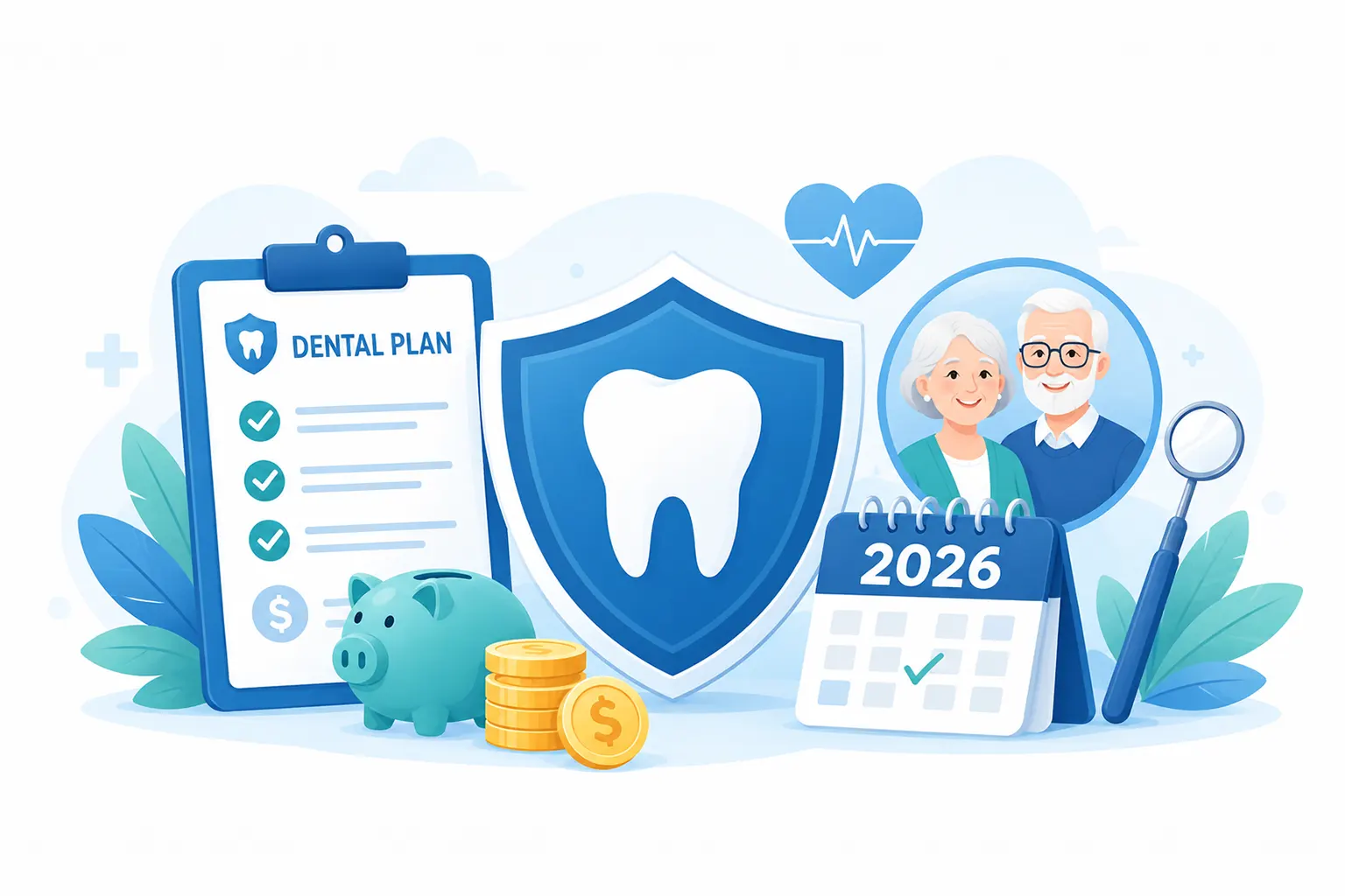 Dental insurance cost for older adults in 2026 with dental plan, tooth shield, calendar, coins, and savings symbols