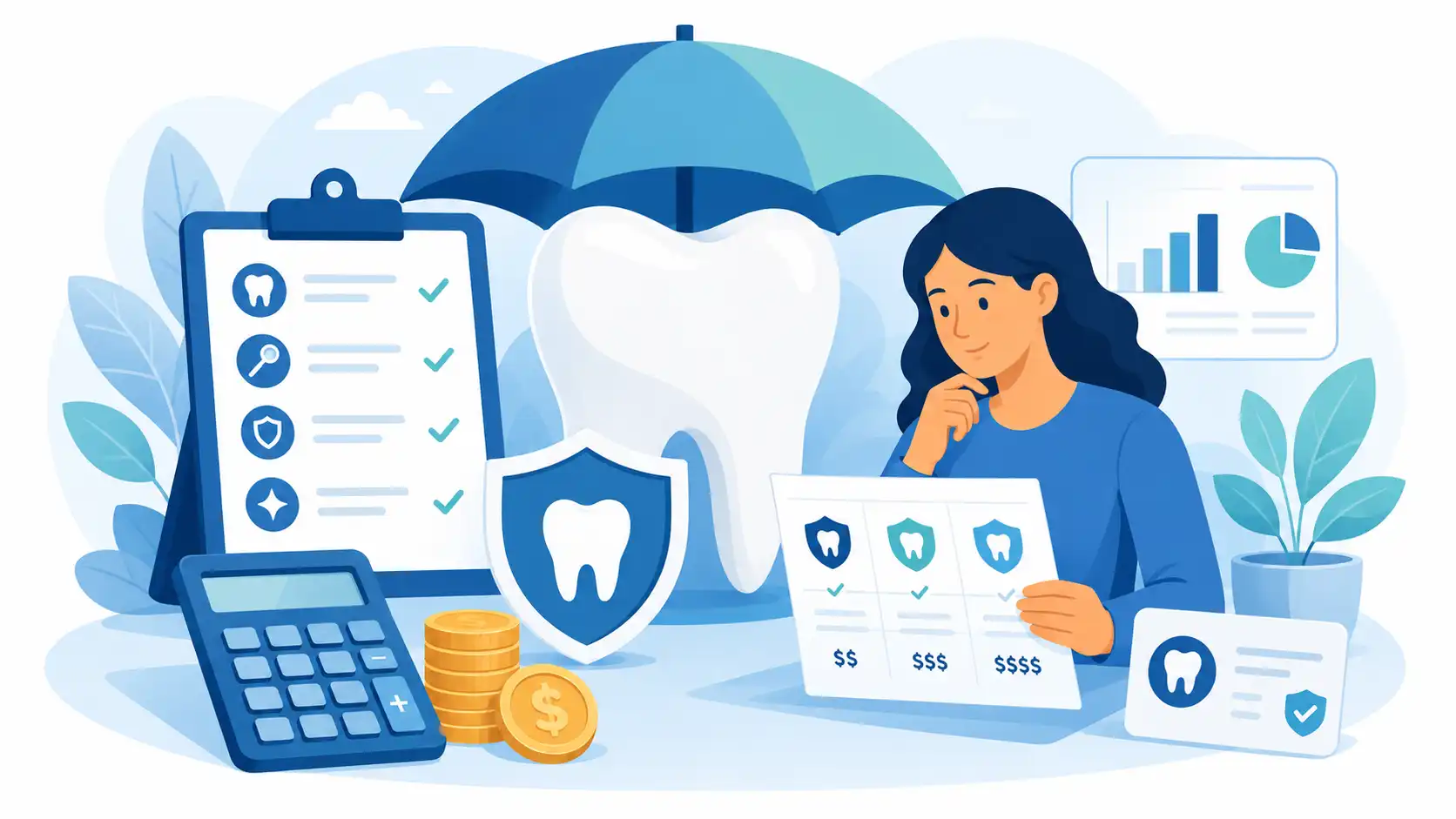 Illustration of dental insurance cost without employer benefits with calculator, coins, dental plan comparison, checklist, and tooth protection shield