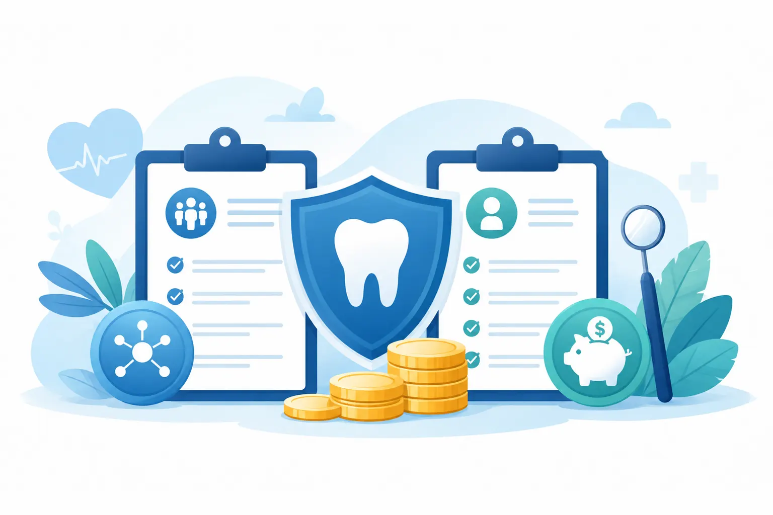 PPO vs HMO dental insurance comparison illustration with tooth shield, dental plans, and cost symbols