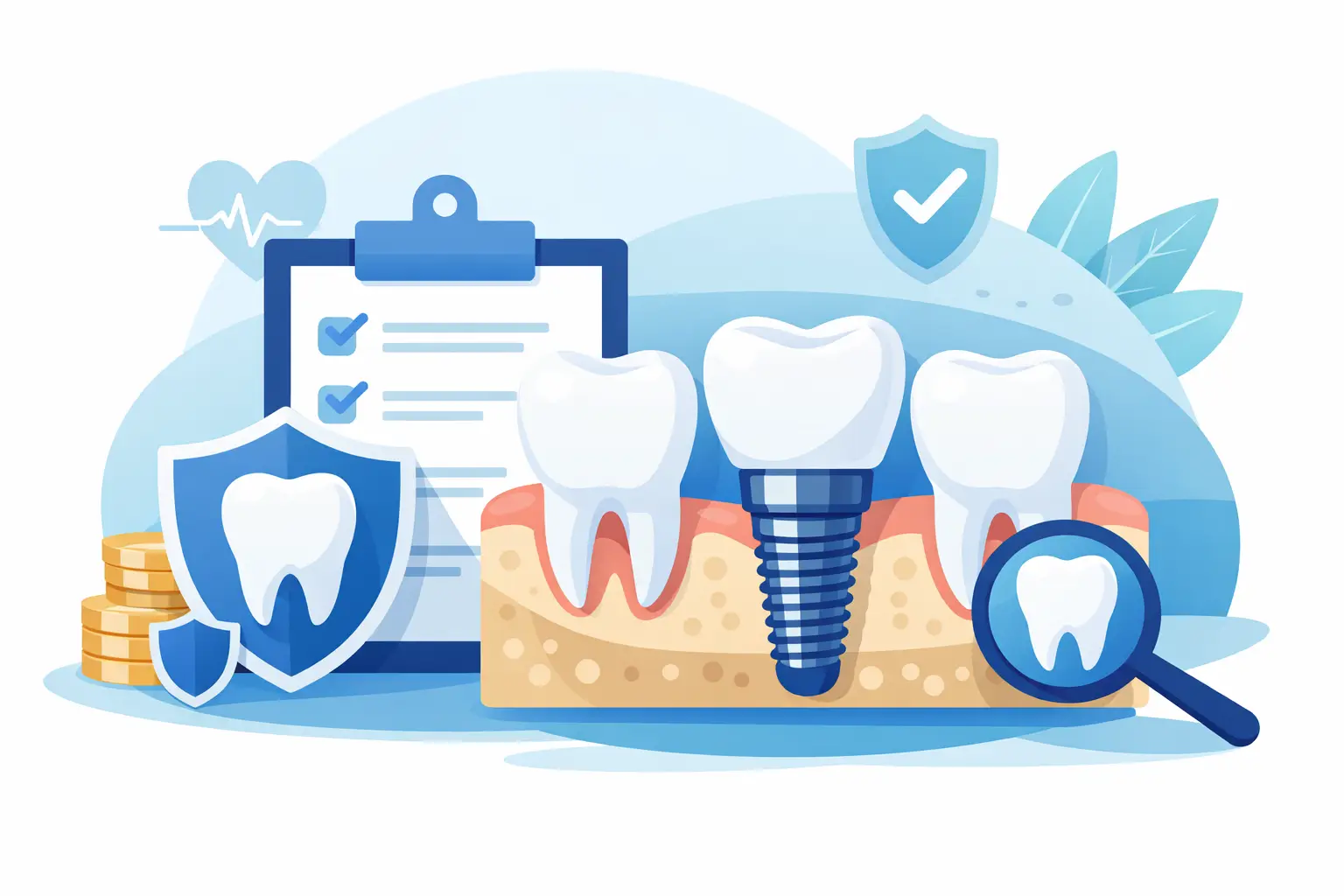 Illustration of dental implant insurance coverage with implant, tooth protection shield, checklist, coins, and magnifying glass