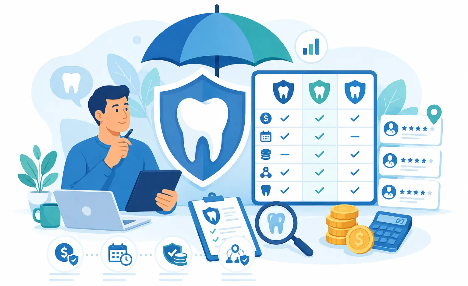 Illustration of a self-employed person comparing dental insurance plans with tooth protection, coverage checklist, provider options, and cost icons
