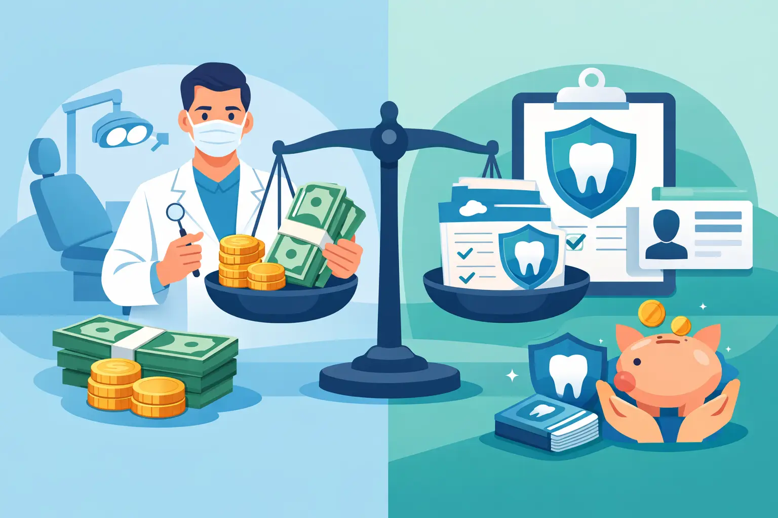 Illustration comparing cash dentist payments and dental plan coverage with money, dentist, insurance documents, and savings