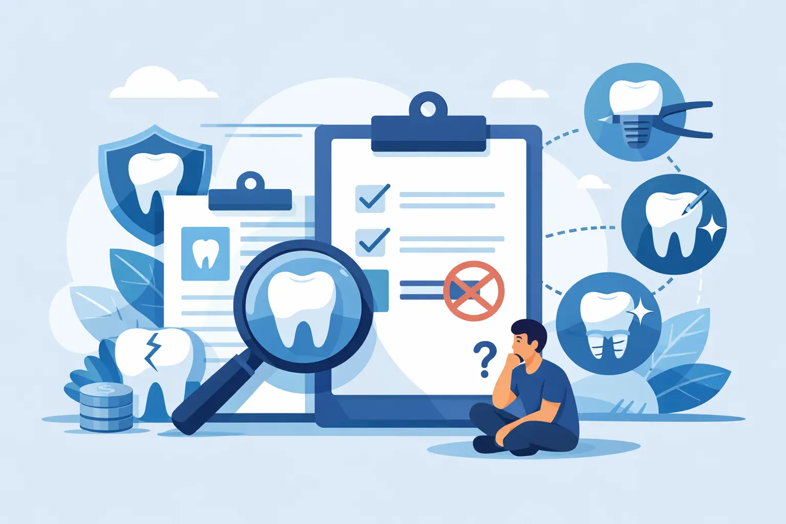 Illustration of dental insurance exclusions with coverage checklist, excluded dental services, magnifying glass, and tooth icons