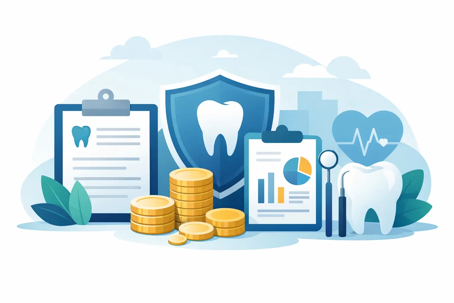 Illustration of dental insurance premiums with monthly cost, dental plan, calculator, and coverage details