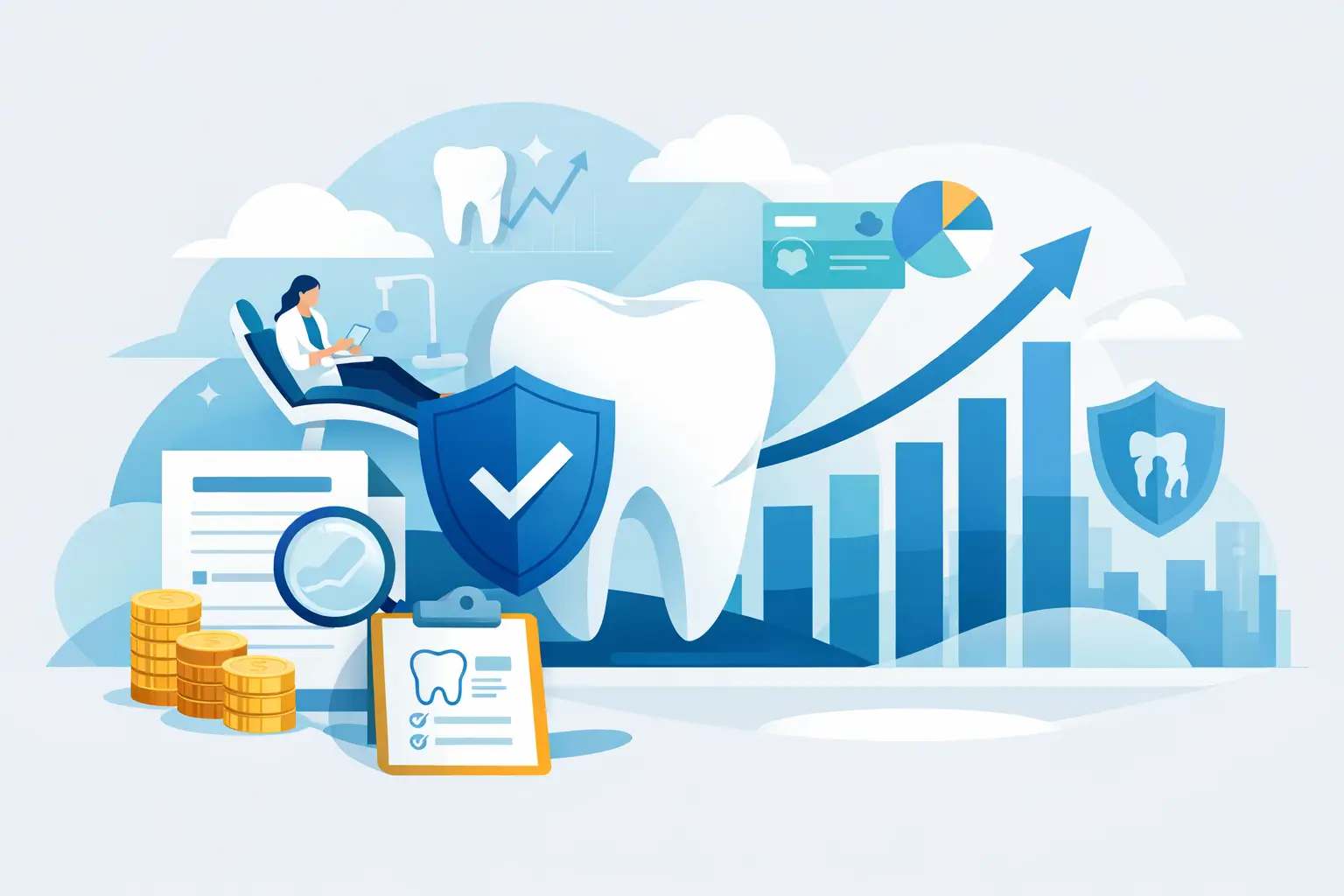 Illustration of dental insurance trends 2026 with dental plan, coverage checklist, cost chart, and provider network icons