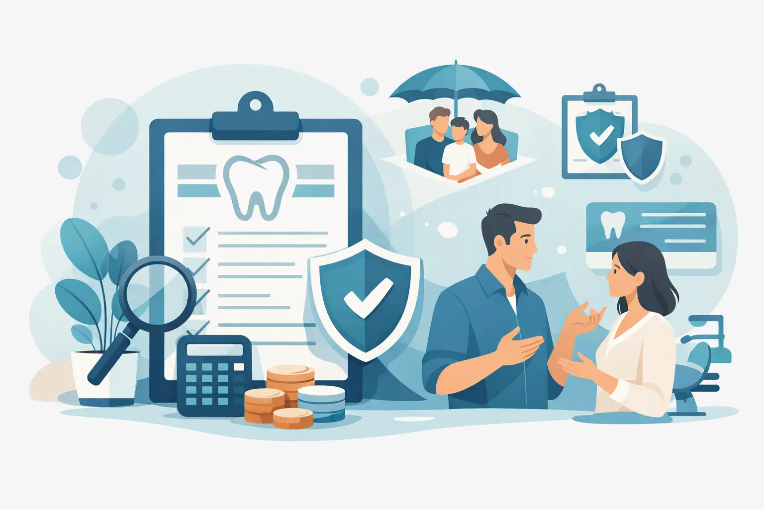 Illustration of a person reviewing individual dental insurance with coverage checklist, cost calculator, dentist consultation, and protection icons