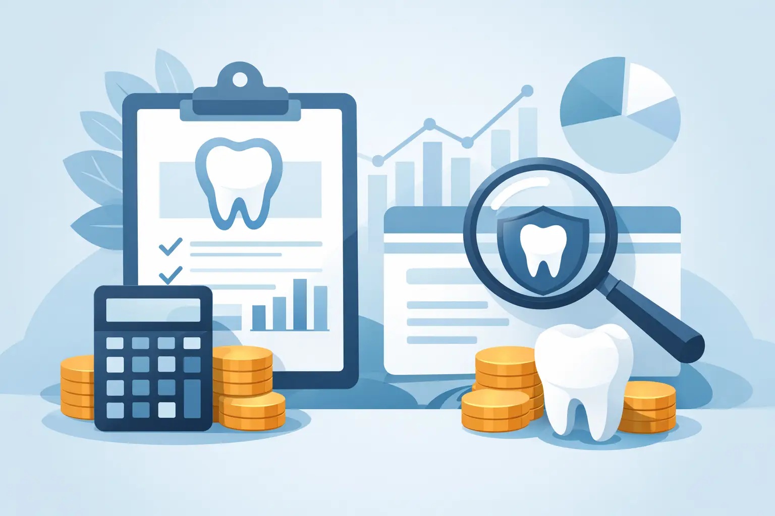 Illustration of calculating dental plan costs with calculator, coins, coverage checklist, dental chart, and magnifying glass