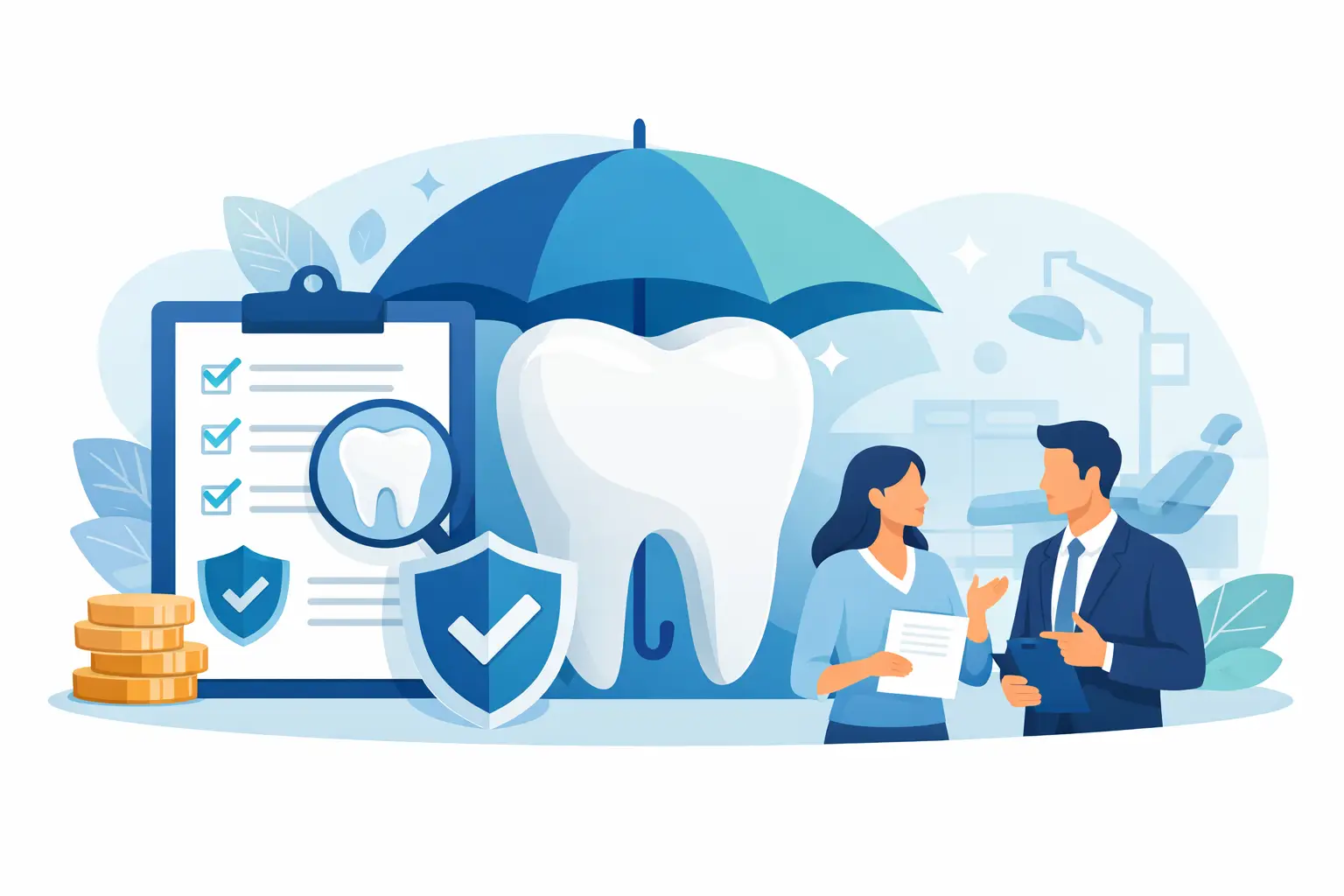 Illustration of individual dental insurance with tooth protection, coverage checklist, cost coins, and plan comparison