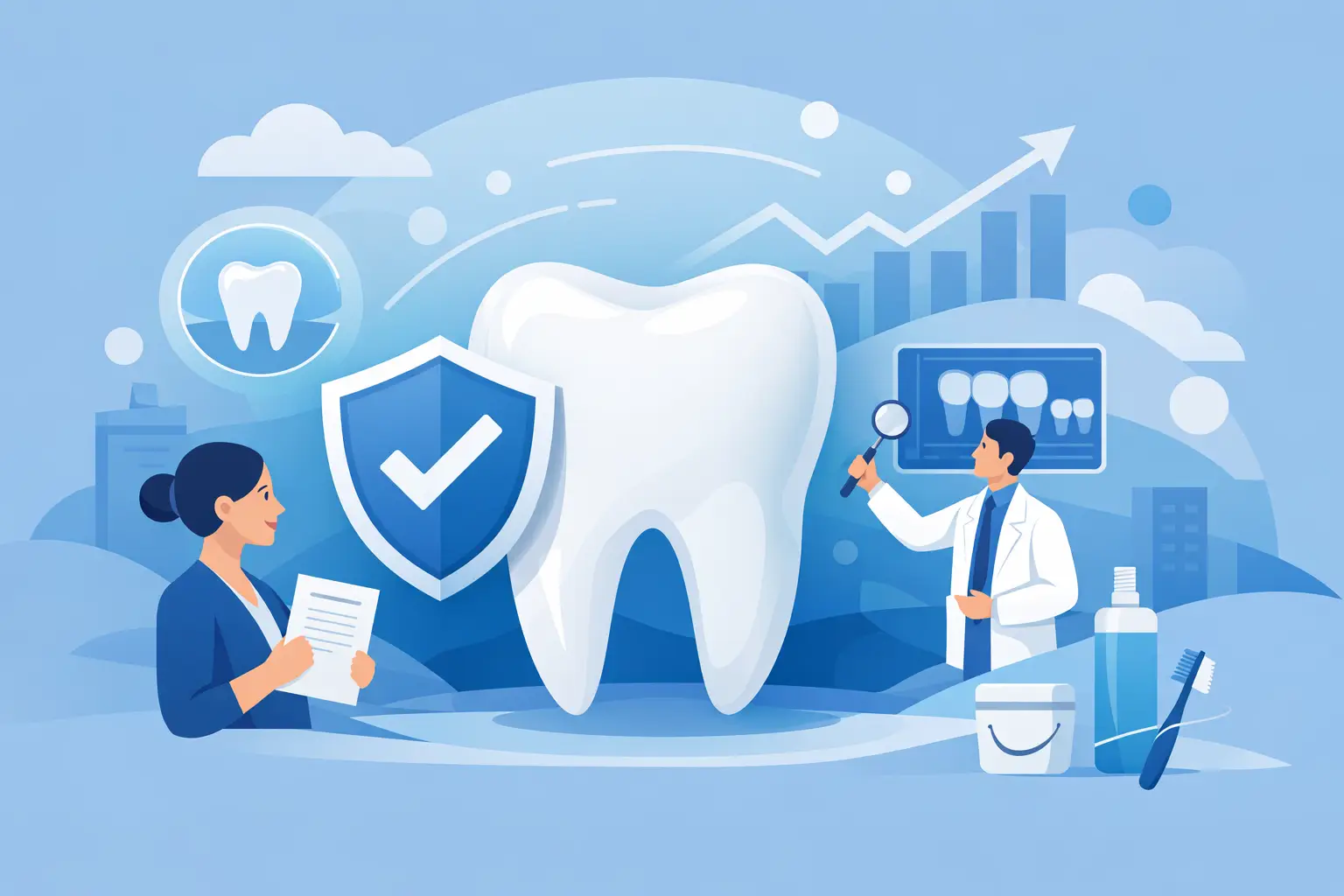 Illustration of the future of individual dental coverage with tooth protection, dental care, coverage growth, and insurance planning