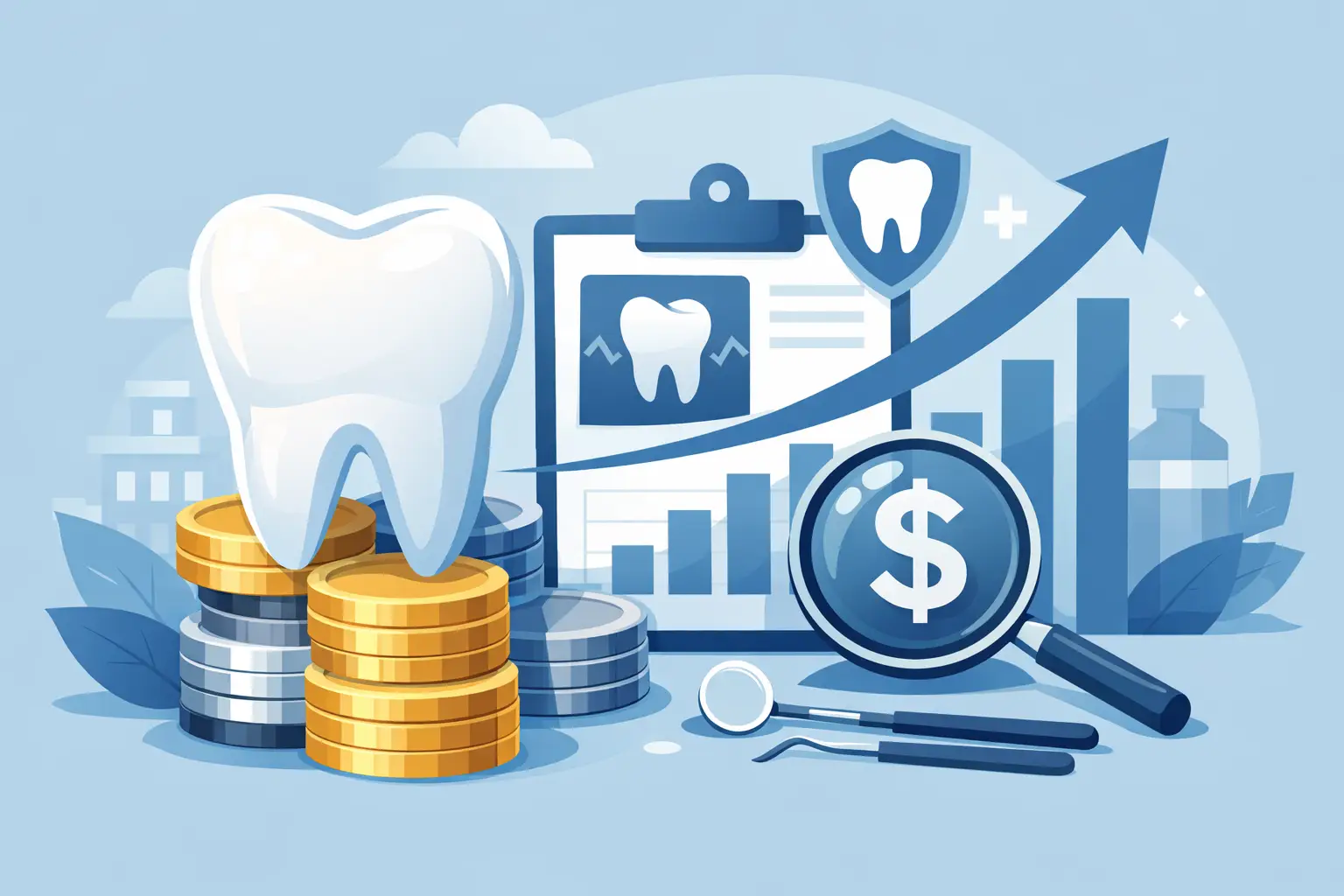 Illustration of rising dental care costs with dental bill, cost chart, tooth icon, and insurance planning elements
