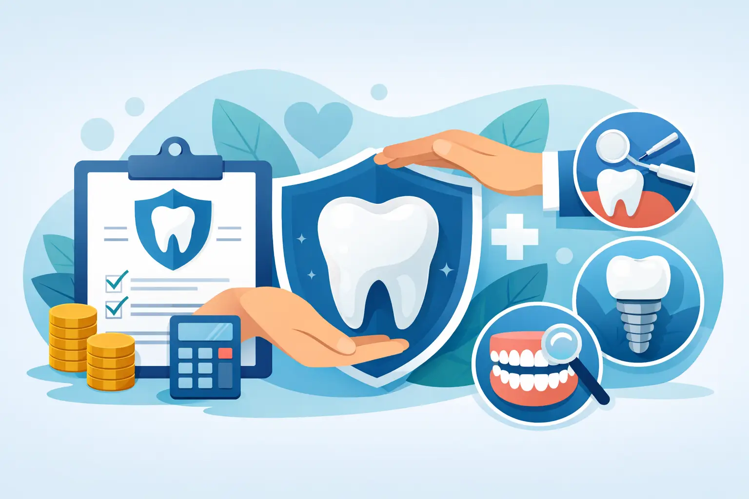What Does Dental Insurance Cover? Illustration of dental insurance coverage with tooth shield, dental plan, cost calculator, implant, and preventive care icons