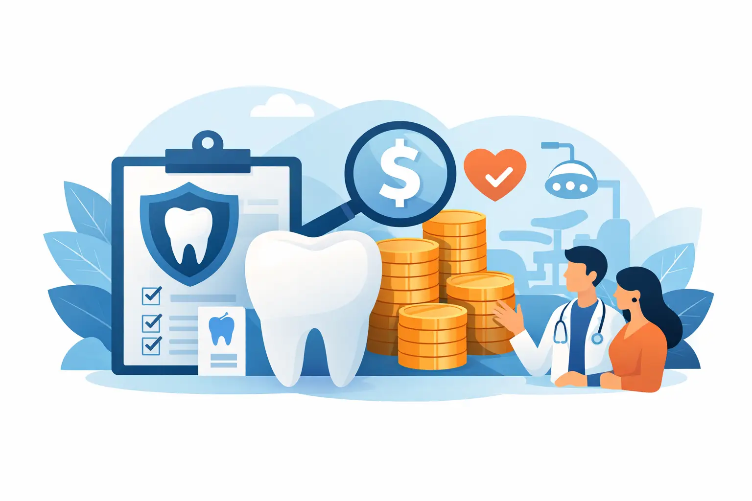 Illustration of best affordable dental plans with plan comparison, calculator, coins, checklist, dental insurance card, and tooth protection shield