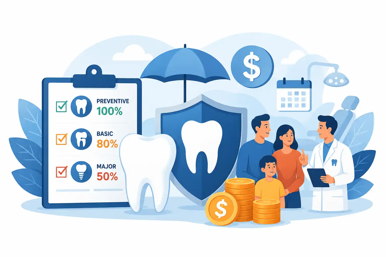 Dental insurance coverage illustration showing preventive care covered at 100%, basic services at 80%, and major dental work at 50%.