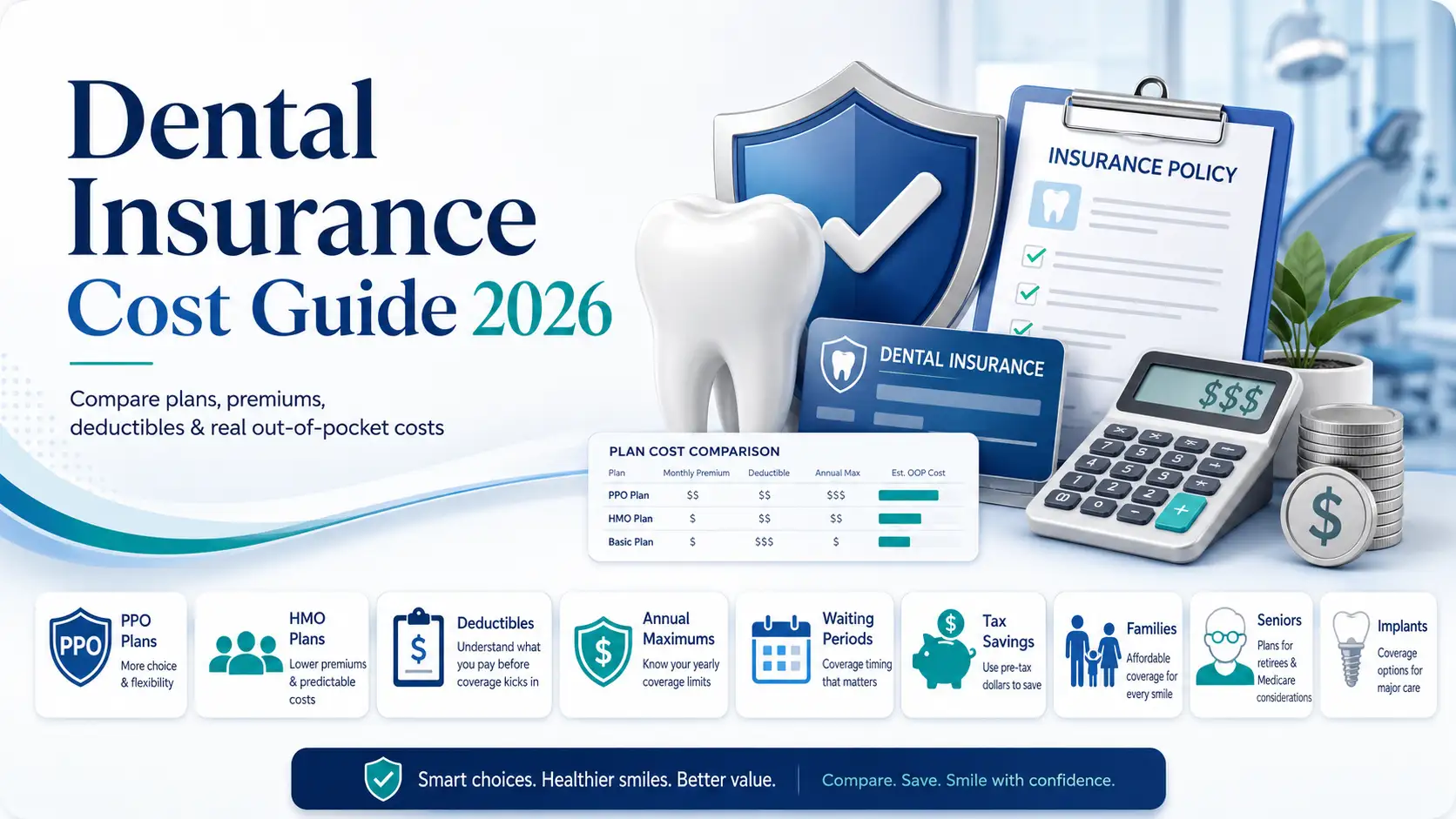 Dental insurance cost guide 2026 with dental plan comparison, premiums, deductibles, annual maximums and out-of-pocket cost icons
