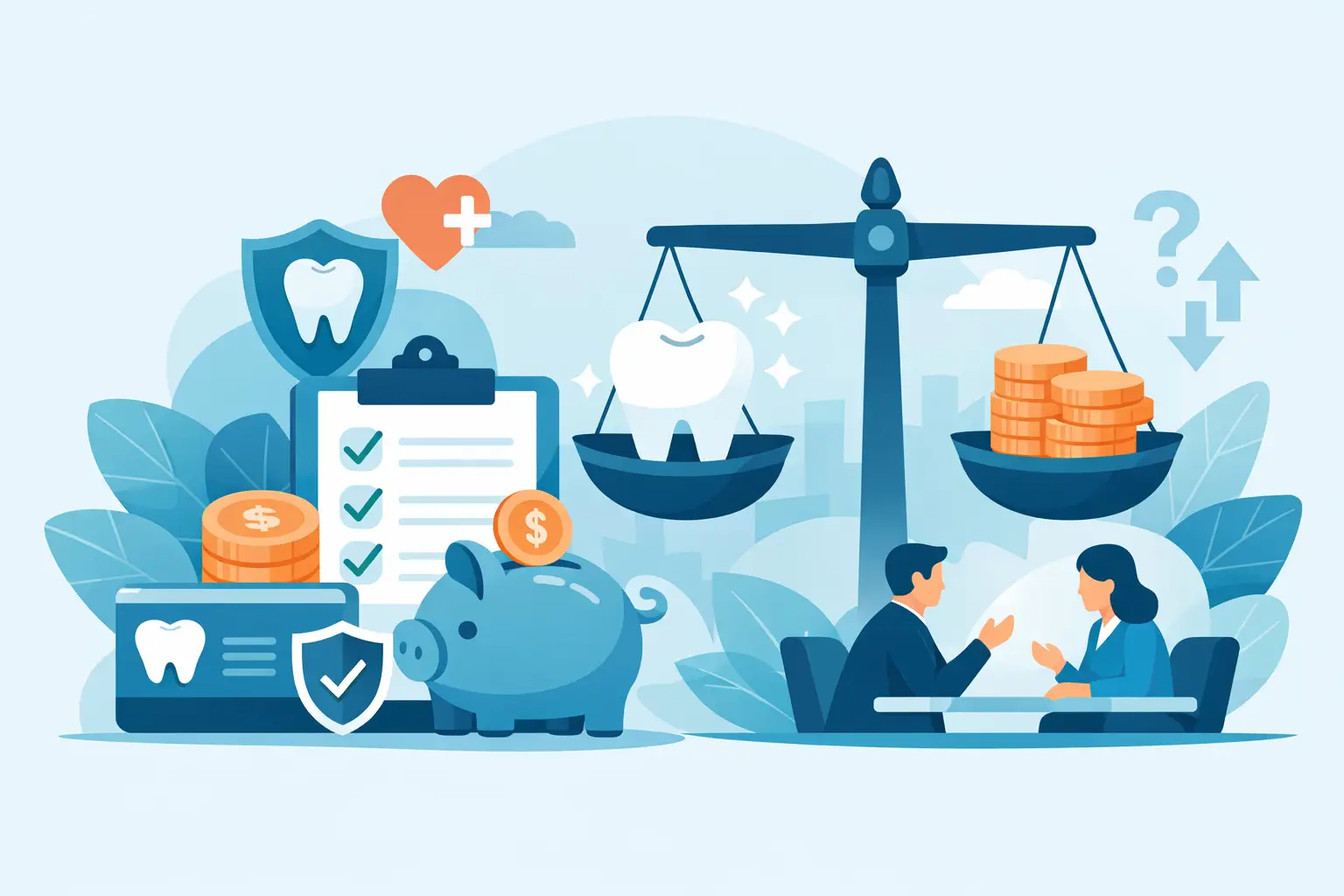 Illustration of a dental savings plan review with discount card, dentist network icons, calculator, coins, checklist, and tooth protection shield