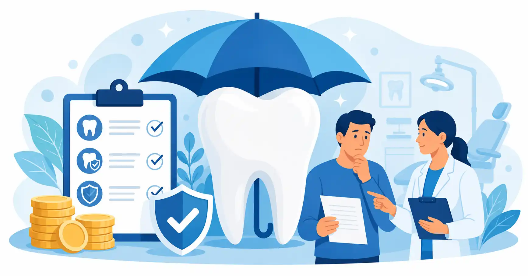 Adult discussing affordable dental care options with a dentist beside a protected tooth and cost checklist