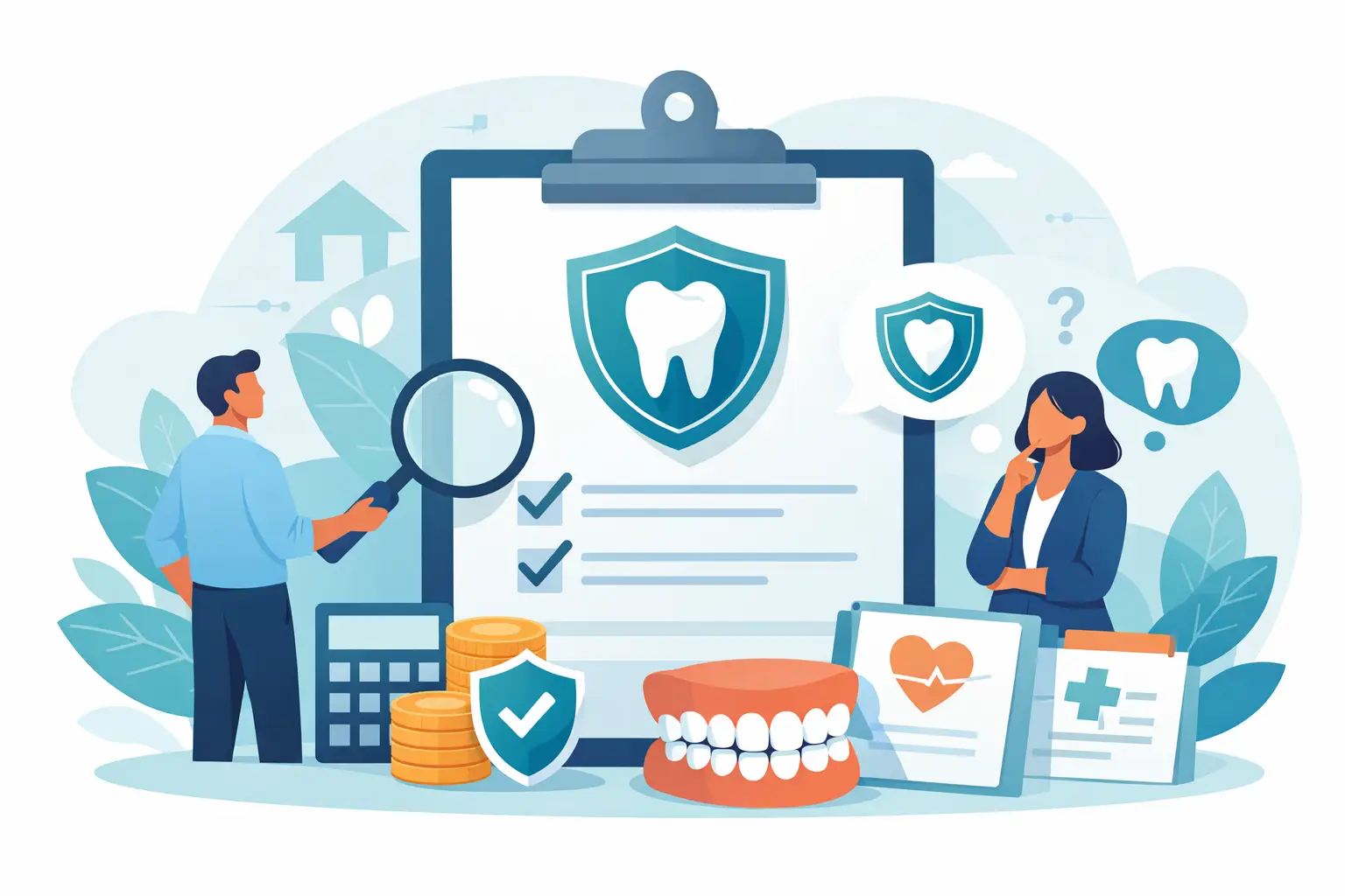 Illustration of how to choose dental coverage with plan comparison, checklist, calculator, coins, dentist network icons, and tooth protection shield